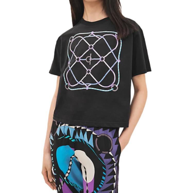 (Women) HERMES Loose Fit Printed Knit Drop Shoulder T-Shirt for Women. H3H4609DL02