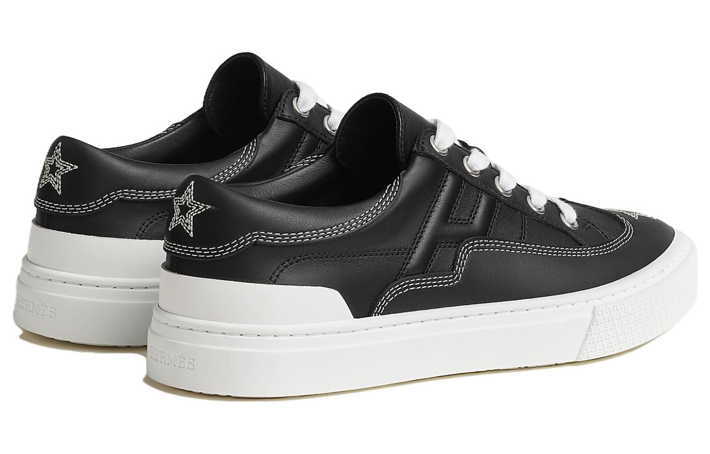 Shop HERMES愛馬仕 小牛皮 圓頭綁帶 低筒 板鞋 女款 黑色