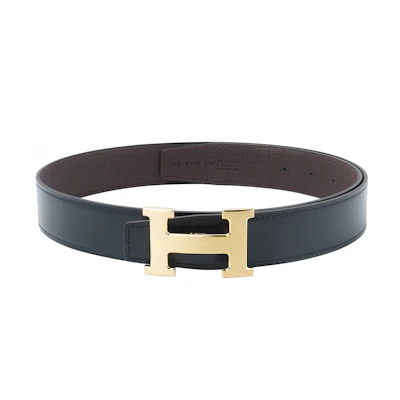 (Women) HERMES Matte Gold Buckle Calfskin Belt Black/Chocolate 3.2cm H064544CM2M-H073967CAAB