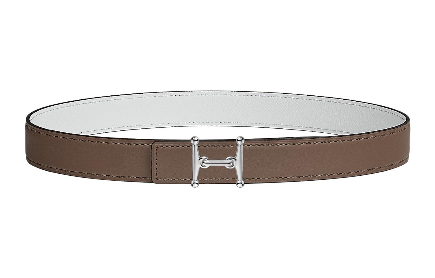 (Women) HERMES Mors  Leather Belt in Gray/White, Smooth Buckle, 2.4cm Width. H077922CK05-H052150CAEO080