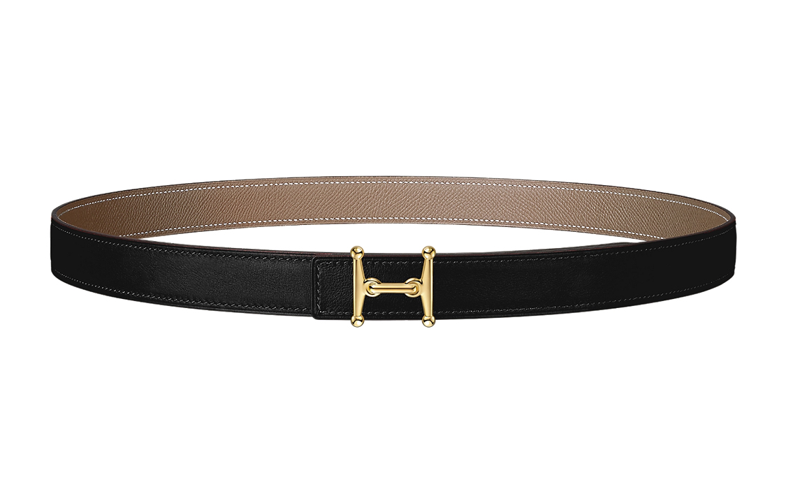 (Women) HERMES Mors Iconic H Buckle Epsom Double-Sided Leather Belt Women Black/Tan 2.4cm H077922CC06 H052150CABU080