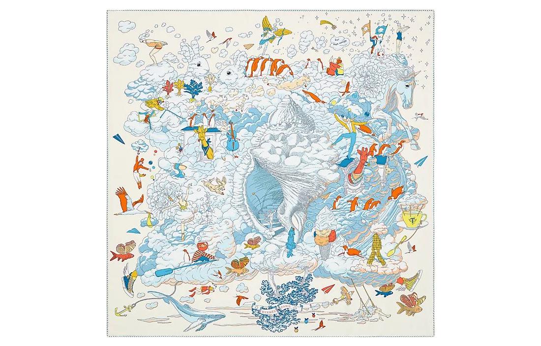 (Women) HERMES My Cloud Series Patterned Silk Scarf for Women - White H003900S-05
