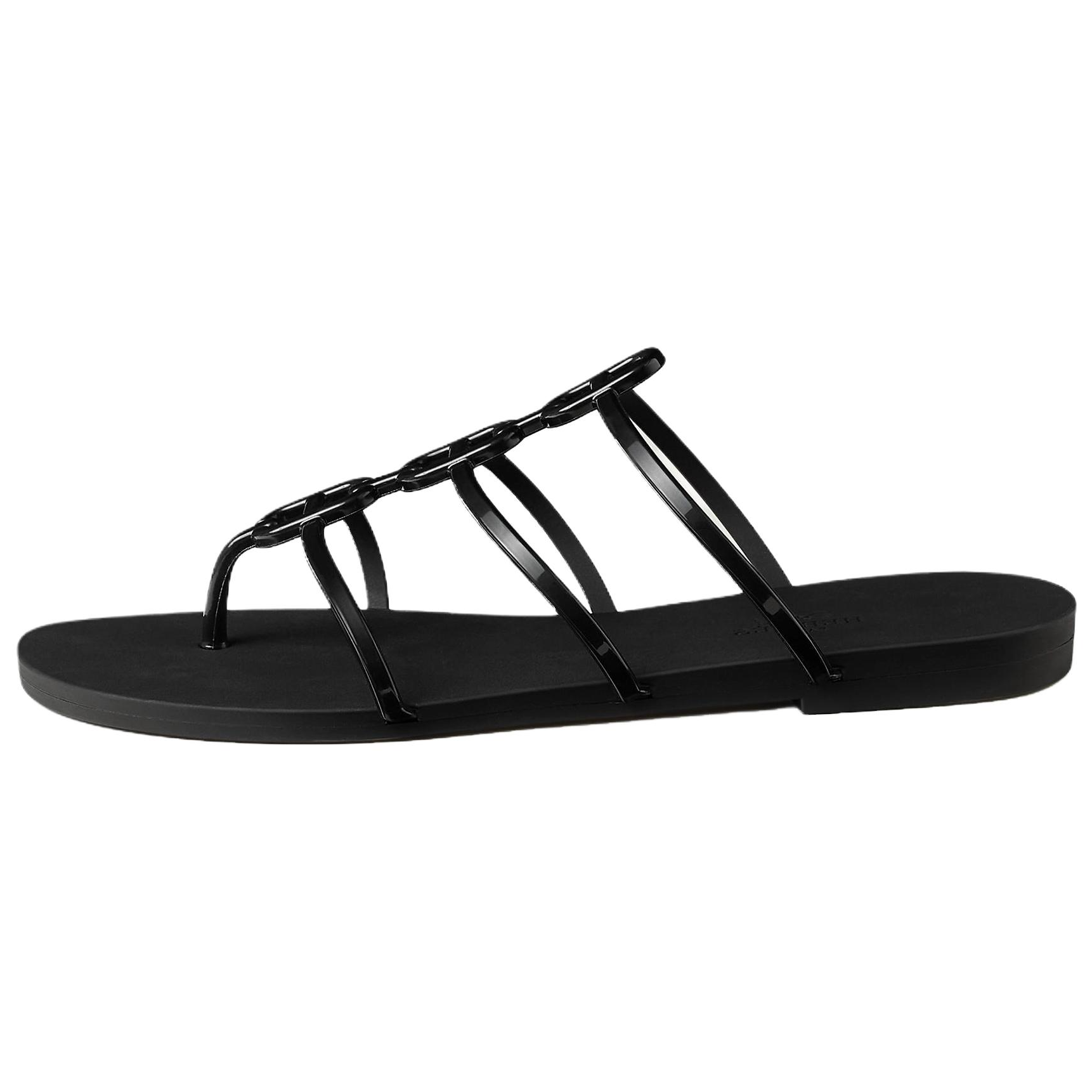 (Women) HERMES Mykonos Black Flat Thong Sandals. H261179Z 02