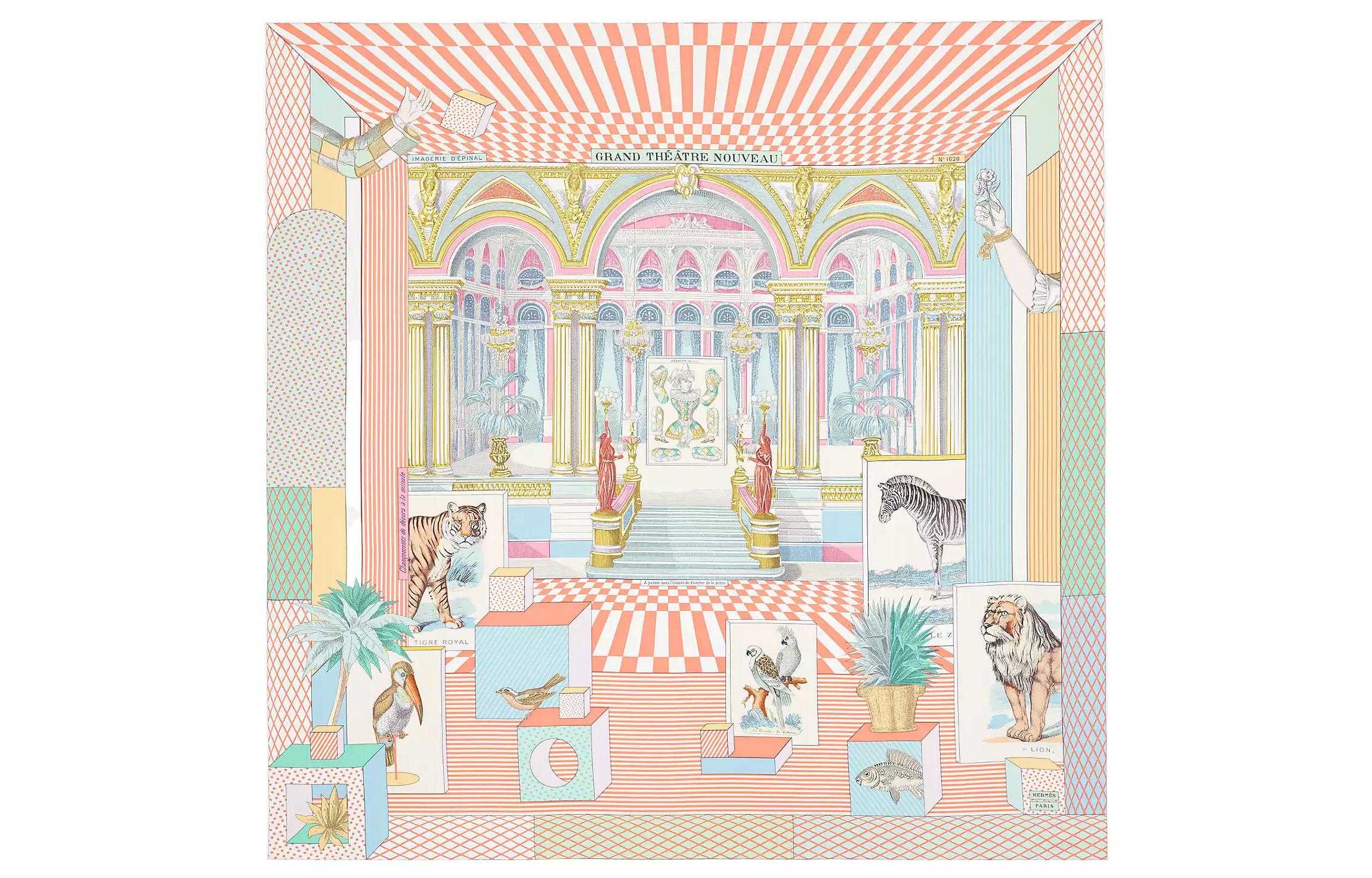 (Women) HERMES New Grand Theater Silk Scarf for Women in Apricot Yellow. H003761S-15