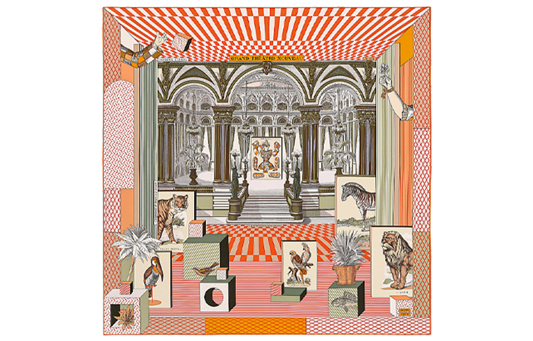 (Women) HERMES New Grand Theatre 90cm Silk Scarf for Women - Orange/Khaki H003761S-07