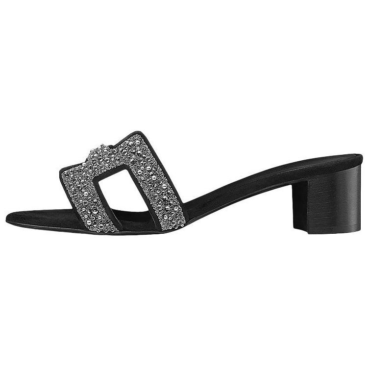 (W) HERMES Oasis 'Black Crystal Detail' High Heel Slide