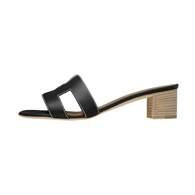 (W) HERMES Oasis 'Black Rough High Heel Open Toe Fashion Slide'