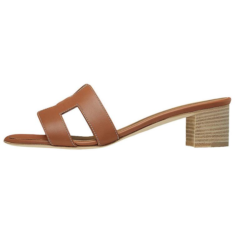 Buy HERMES愛馬仕 Oasis 小牛皮 粗跟一字 時尚涼拖 5cm 女款 棕色