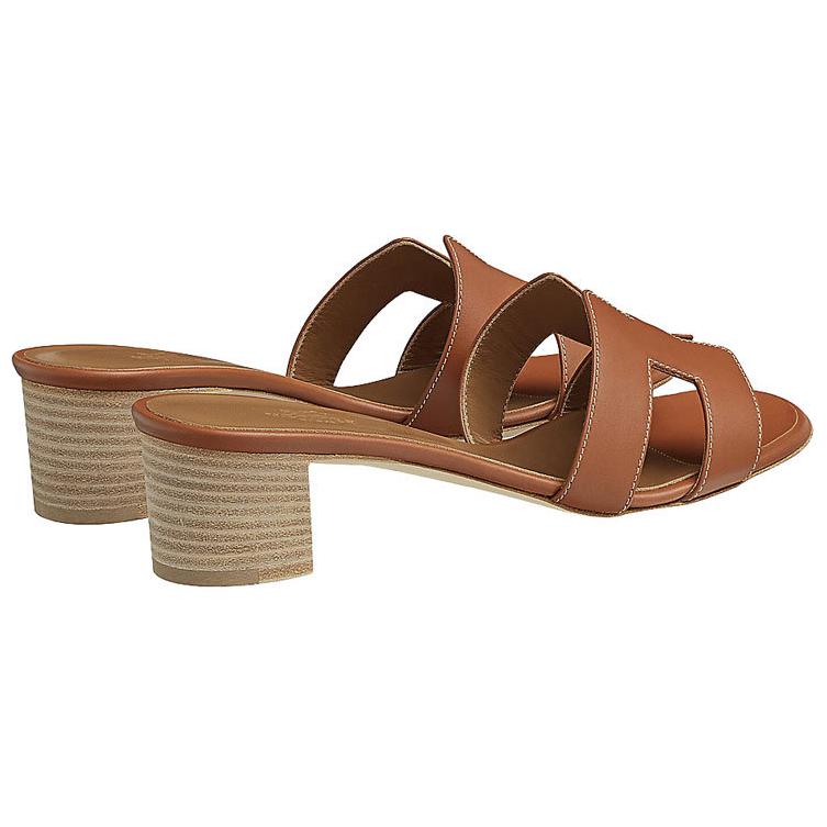 Shop HERMES愛馬仕 Oasis 小牛皮 粗跟一字 時尚涼拖 5cm 女款 棕色