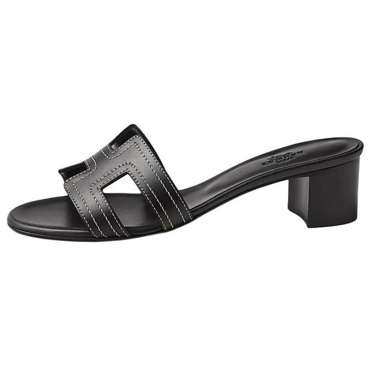 (Women) HERMES Oasis Black Calfskin Open-Toe Sandals 5cm Heel H242166Z 02