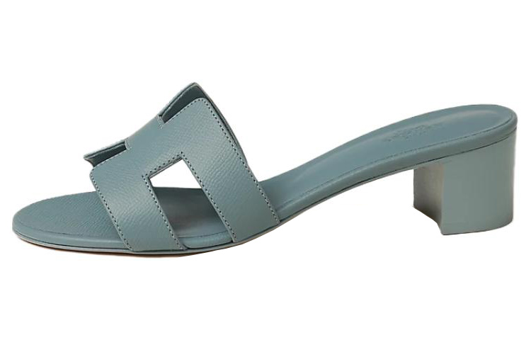(W) HERMES Oasis Leather 'Fashion Round Toe Slides' Blue