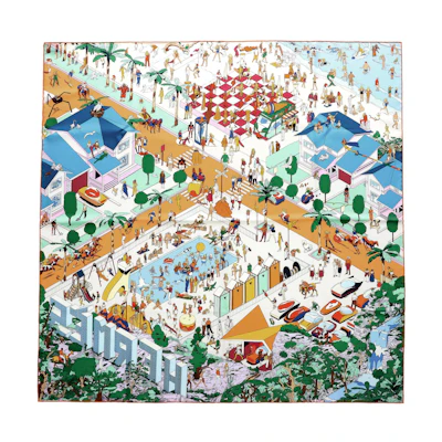 (Women) HERMES On The Beach Silk Twill Scarf for Women - Blue/Orange/Green. H003751S-09