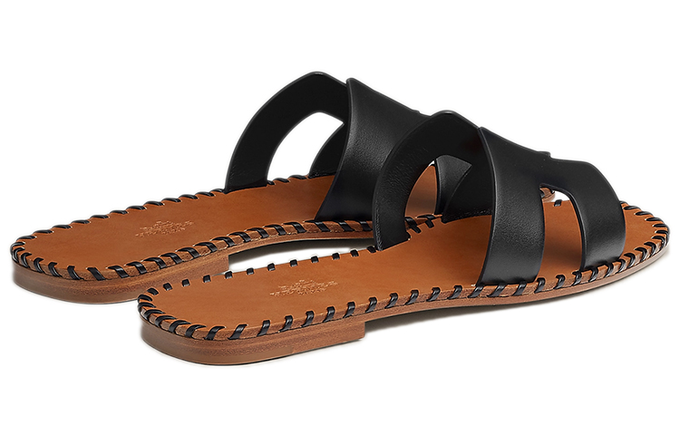 Shop HERMES 愛馬仕 Oran 編織小牛皮涼鞋 女款 黑棕