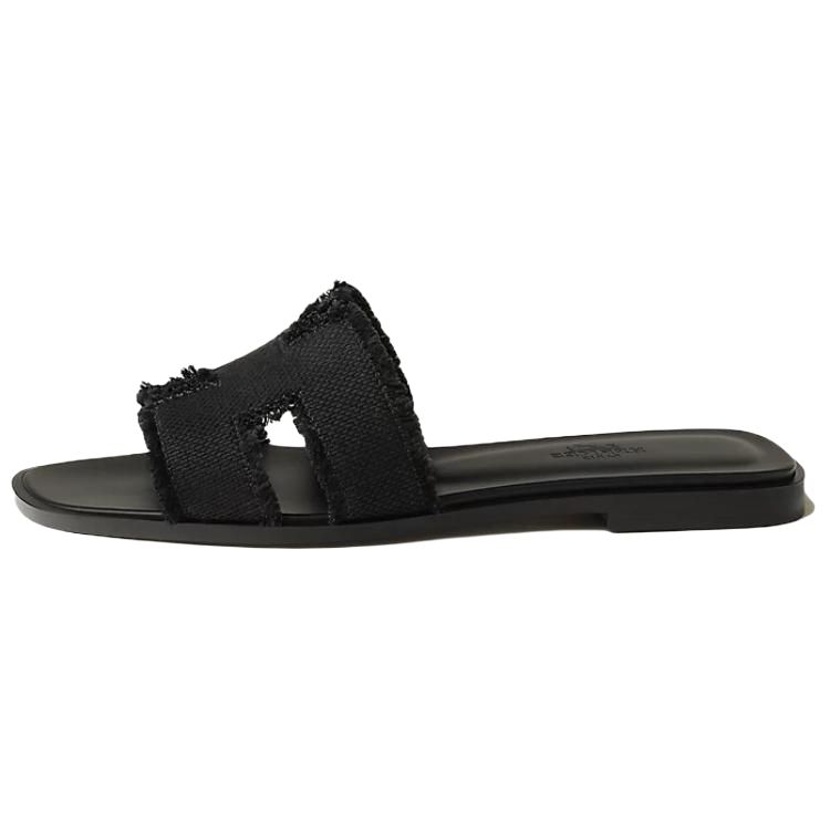 (Women) HERMES Oran Black Linen Tassel H Slide Sandals Open Toe Flats H251047Z 02