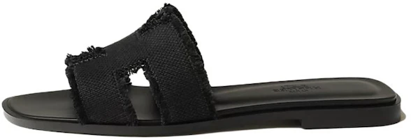 (Women) HERMES Oran Black Linen Tassel H Slide Sandals Open Toe Flats H251047Z 02 (Women) HERMES Oran Black Linen Tassel H Slide Sandals Open Toe Flats H251047Z 02
