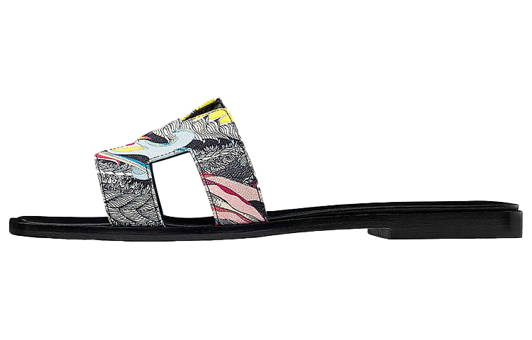 (W) HERMES Oran Calfskin Sandals 'Black Print'