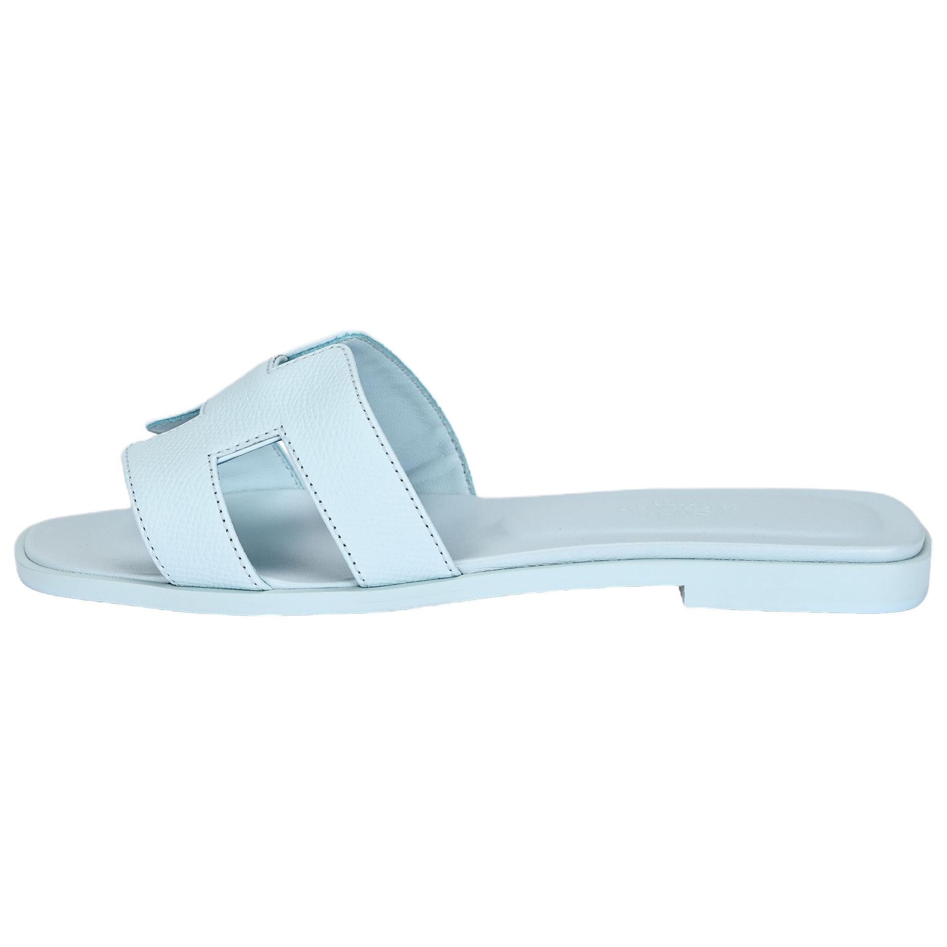 (Women) HERMES Oran Calfskin Sandals Open-Toe Slide Light Blue H202272Z BU