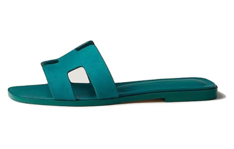 Buy HERMES愛馬仕 Oran 皮革露趾一字拖鞋 女款 綠色