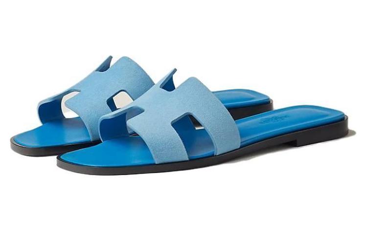 Lookbook HERMES愛馬仕 Oran 皮革百搭舒適一字拖鞋 女款 藍色