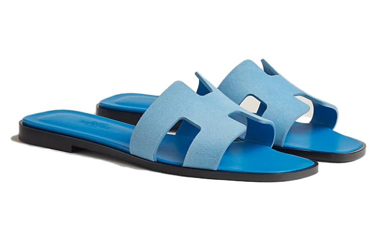 Shop HERMES愛馬仕 Oran 皮革百搭舒適一字拖鞋 女款 藍色