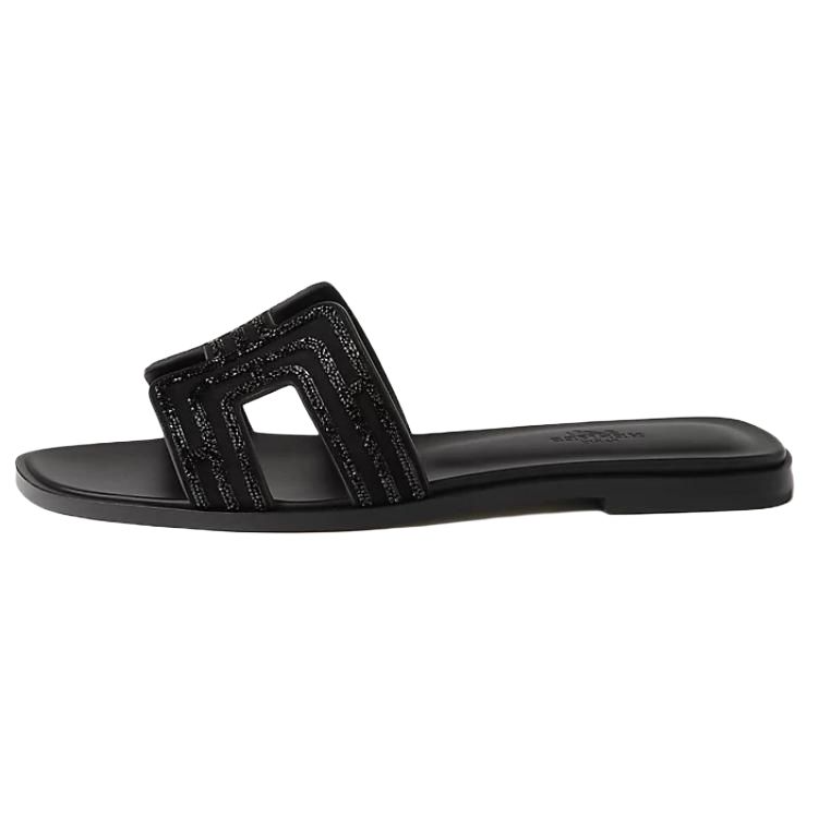 (Women) HERMES Oran Suede Goatskin H Sandals with Rhinestones Black H212010Z 04