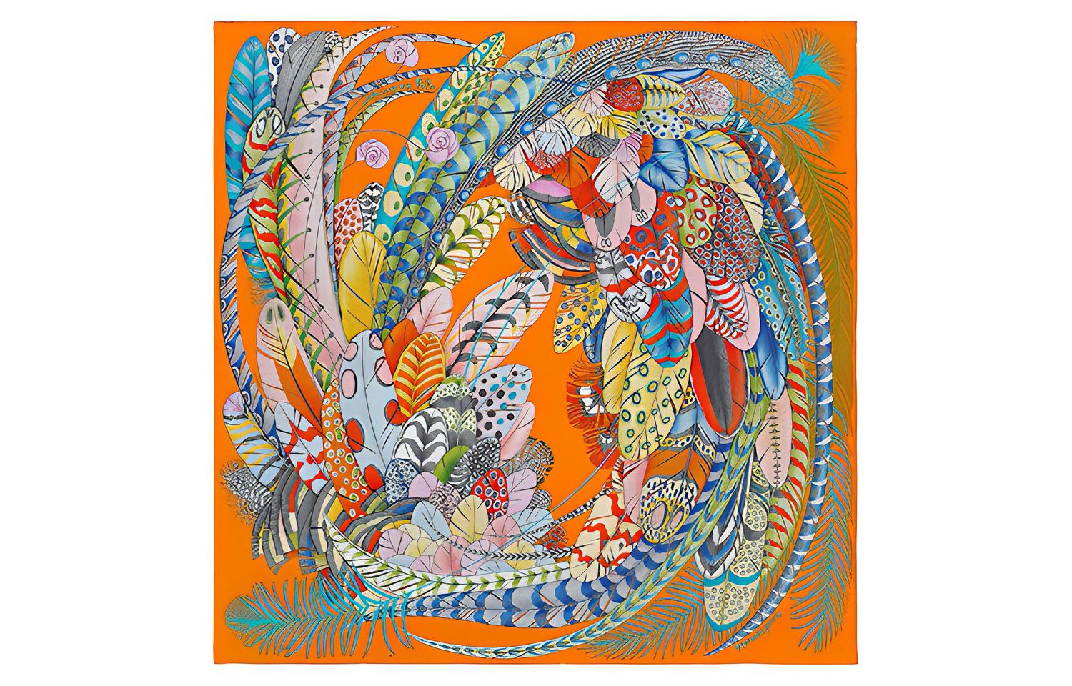 (Women) Hermes Orange Feather Print Silk Scarf Fashion Edition H003433S-07