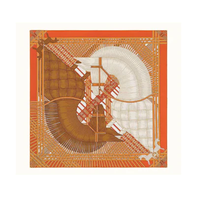 (Women) HERMES Orange Two Horses Silk Scarf for Women. H003684S-04
