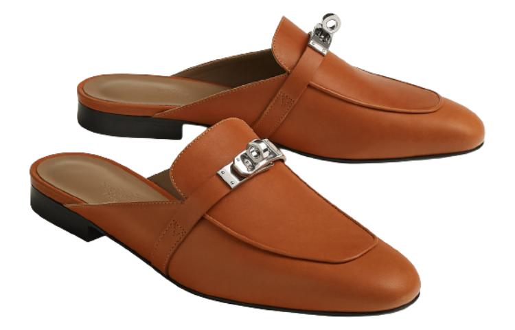 Lookbook 愛馬仕 Oz 皮革 套穿圓頭休閒 包頭拖鞋 女款 棕色