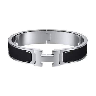 (Women) HERMES Palladium-Plated H Logo Bracelet Black/Silver H700001FP01