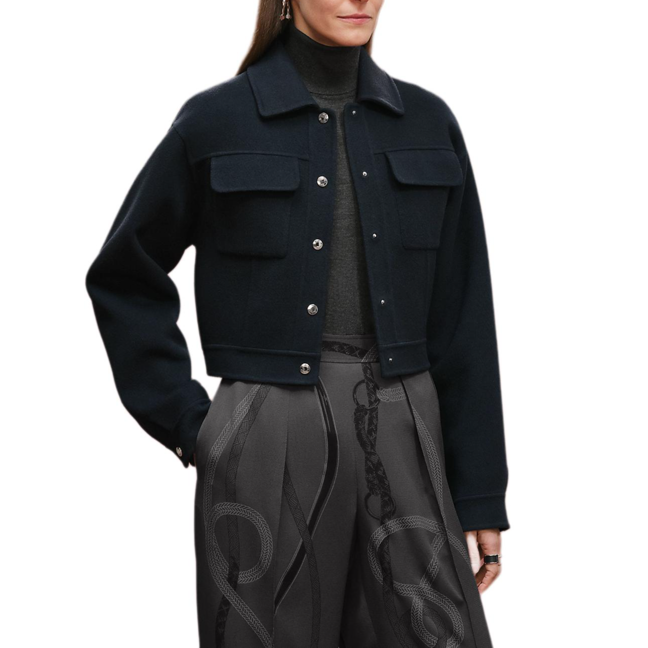 Order (Women) HERMES Palladium-Plated Metal Snap Jacket for Women Navy Blue Black. H5H0122DB5H