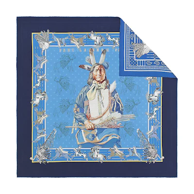 (Women) HERMES Pani la Shar Pawnee Double-Sided Chief Print Silk Scarf Blue Women H903551S 01