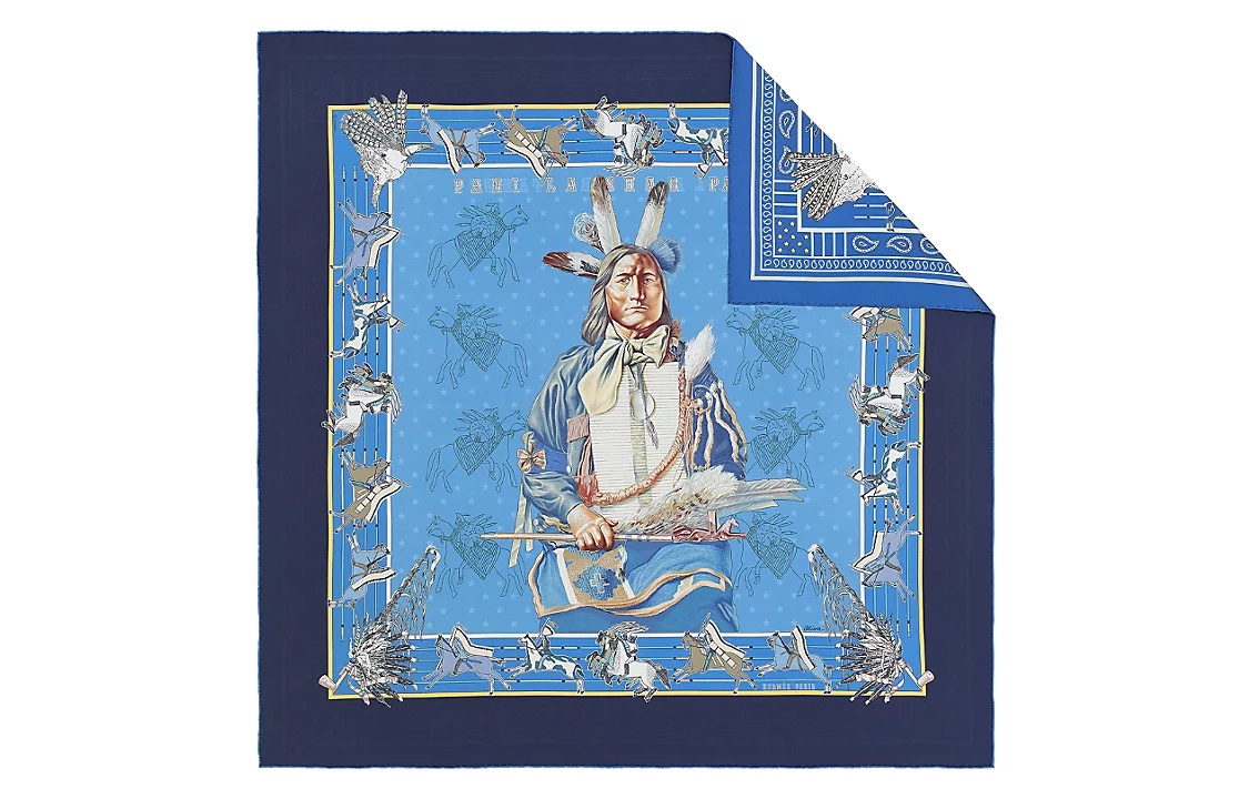 (Women) HERMES Pani la Shar Pawnee Double-Sided Chief Print Silk Scarf Blue Women H903551S 01 圖 2