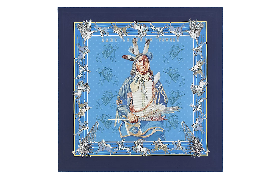 (Women) HERMES Pani la Shar Pawnee Double-Sided Chief Print Silk Scarf Blue Women H903551S 01 圖 3