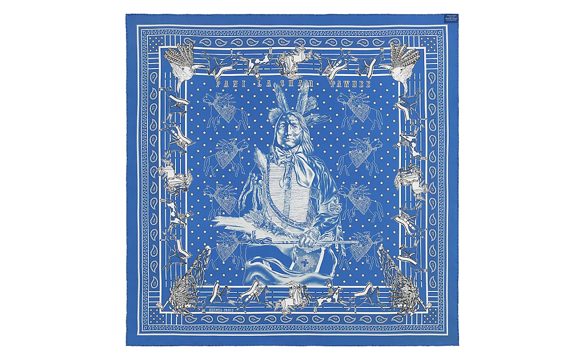 (Women) HERMES Pani la Shar Pawnee Double-Sided Chief Print Silk Scarf Blue Women H903551S 01 圖 4