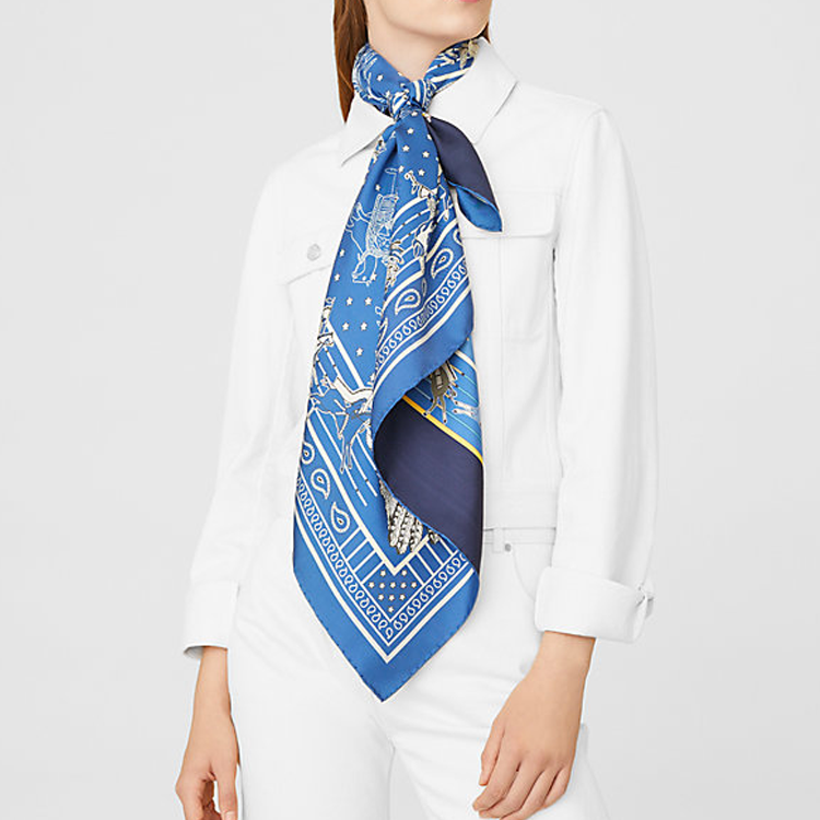 (Women) HERMES Pani la Shar Pawnee Double-Sided Chief Print Silk Scarf Blue Women H903551S 01 圖 6