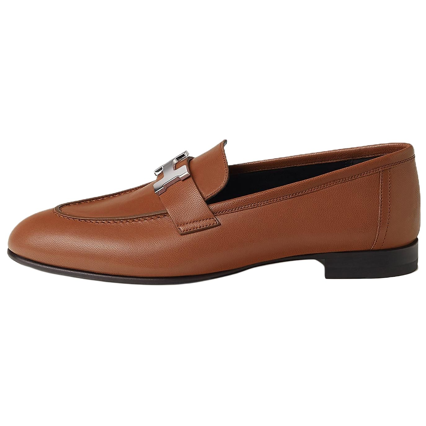 (Women) HERMES Paris Brown Leather Loafers with Round Toe & Metal Logo H172108Z 203