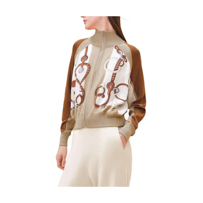 (Women) HERMES Pearl White Zip-Up Long Sleeve Jacket with Printed Design H4E2824DVTL34