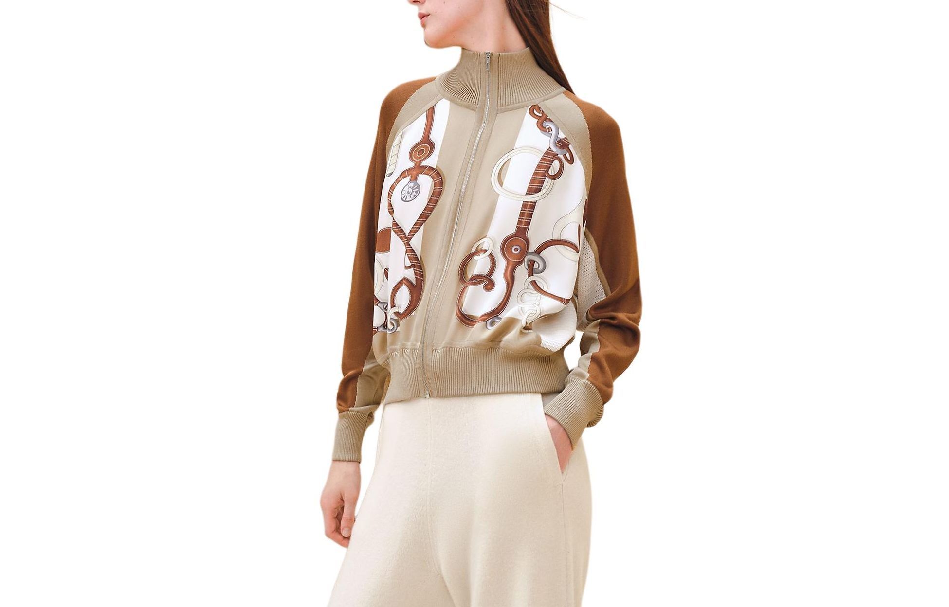 Order (Women) HERMES Pearl White Zip-Up Long Sleeve Jacket with Printed Design H4E2824DVTL34