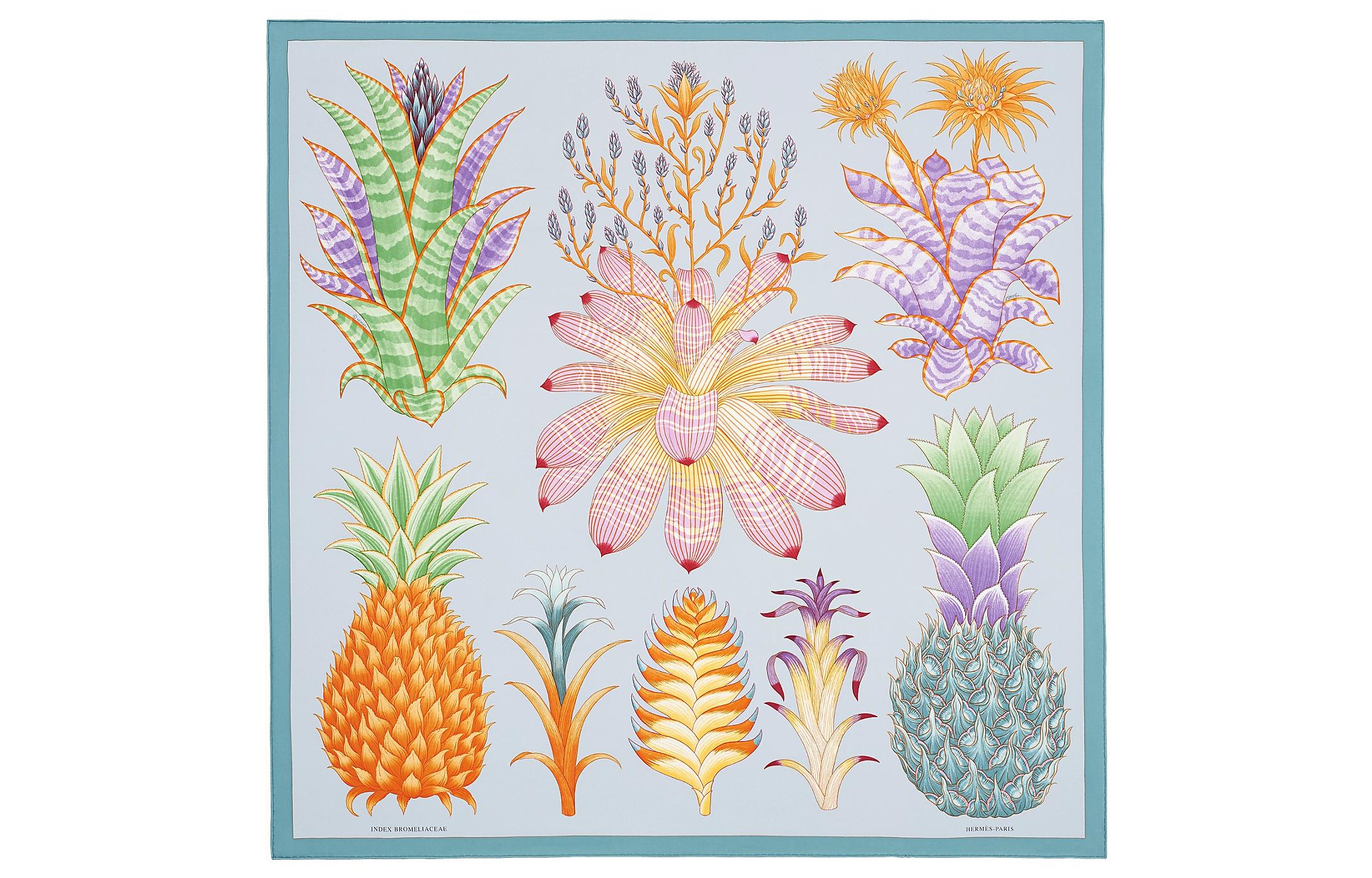 (Women) HERMES Pineapple Catalogue Silk Scarf Sky Blue/Violet/Green for Women. H003801S-03