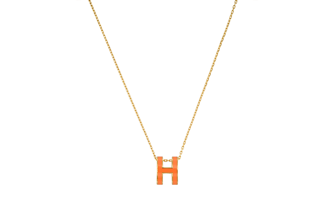 (Women) HERMES POP H Pendant Necklace Gold Chain Orange for Women. H147991F-02