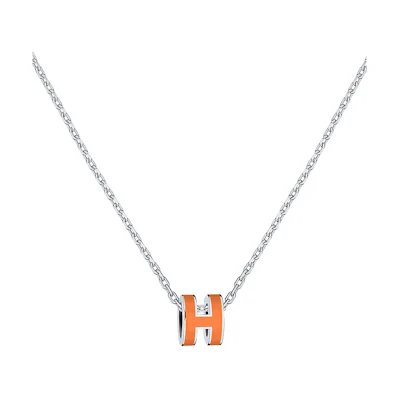 (Women) HERMES POP H Pendant Necklace Orange Silver Chain Jewelry. H147992FP02