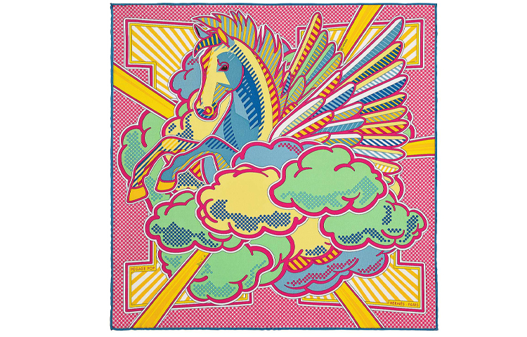 (Women) HERMES Pop Pegasus Scarf 45cm Silk Bright Pink/Green/Yellow H892975S-01