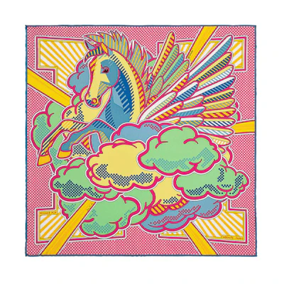 (Women) HERMES Pop Pegasus Scarf 45cm Silk Bright Pink/Green/Yellow H892975S-01