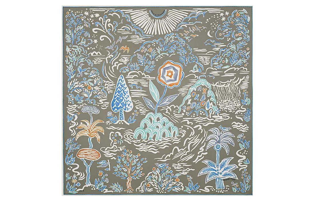 (Women) HERMES Primavera Silk Twill Scarf Light Gray/Light Blue/White H003755S-10