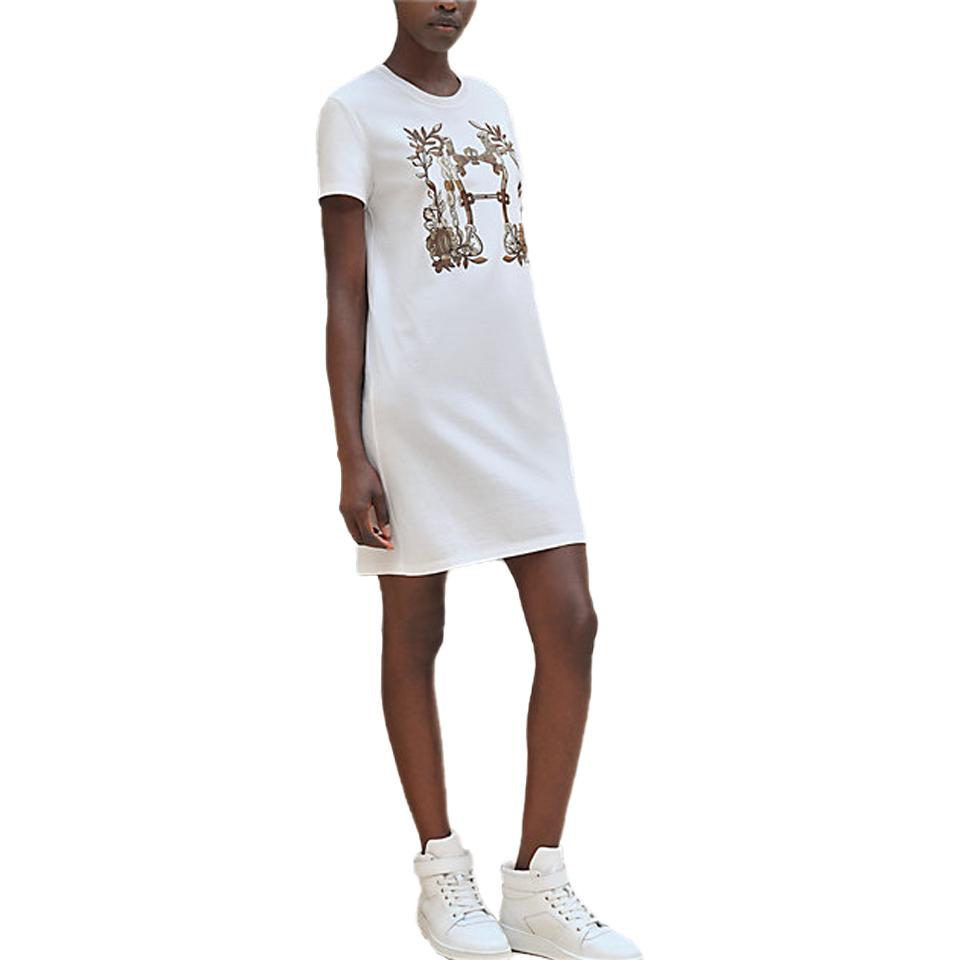 (Women) HERMES Printed Crewneck Short Sleeve Dress White  Fashion. H4E4530DA90