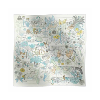(Women) HERMES Printed Logo Silk Scarf Women White/Light Blue/Mint Green H004094S14