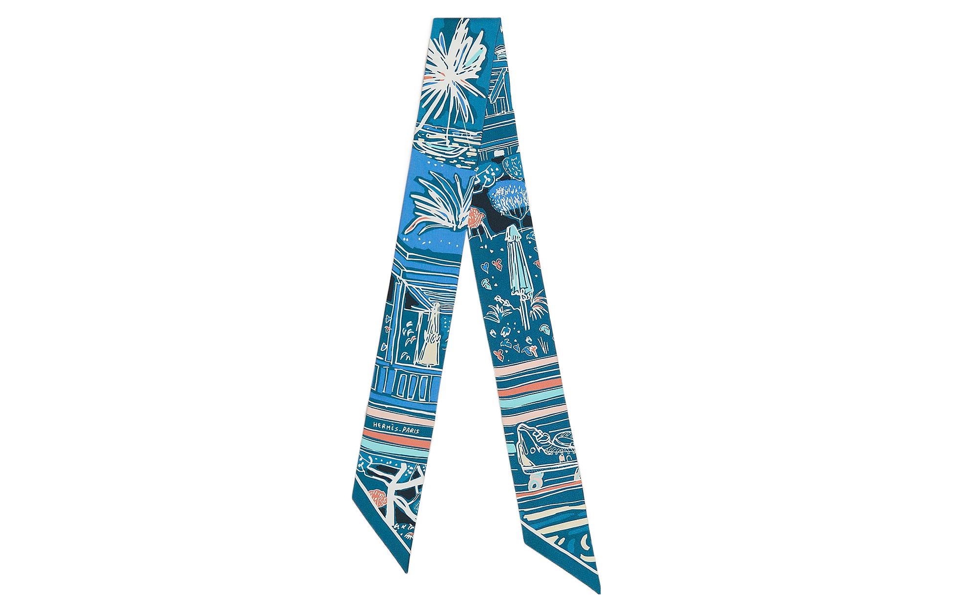 (Women) HERMES Rayures d'Ete Twilly 100% Silk Scarf for Women - Blue. H063850S 12