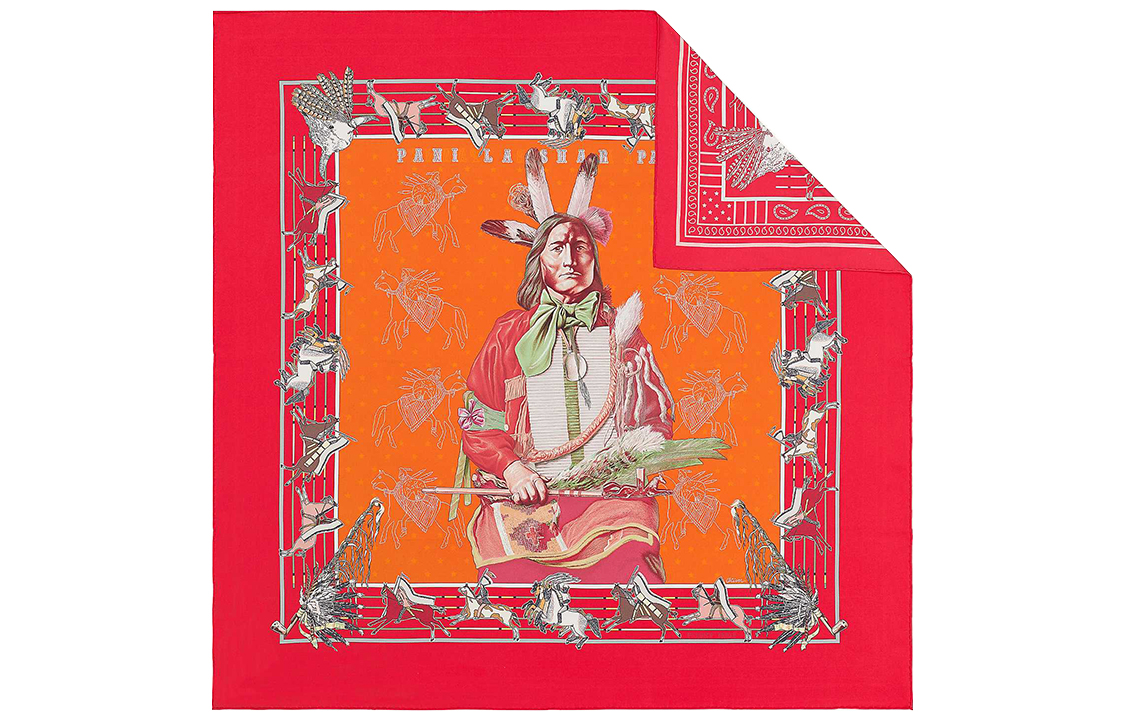 (Women) HERMES Red Reversible Scarf Pocano Chief Design H903551S-02