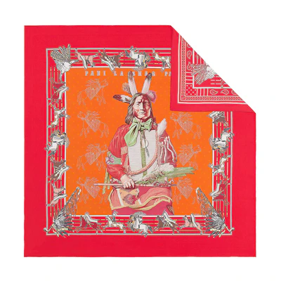 (Women) HERMES Red Reversible Scarf Pocano Chief Design H903551S-02