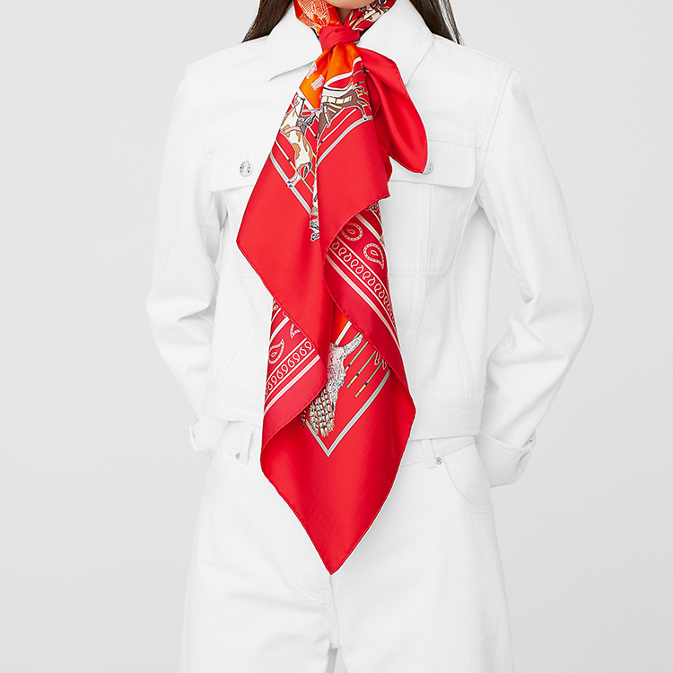 (Women) HERMES Red Reversible Scarf Pocano Chief Design H903551S-02 圖 5